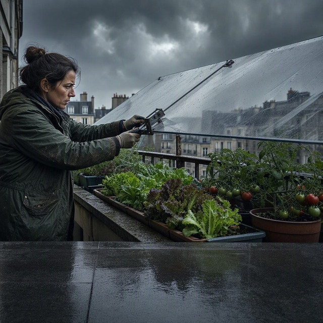 Photo réaliste sur un balcon urbain juste avant un orage : une jardinière de salades et quelques pots de tomates bas sont protégés par un panneau rigide incliné, solidement calé et fixé. Au premier plan, une femme adulte en veste légère vérifie la fixation avec une expression concentrée ; ciel sombre et lourd à l’arrière-plan, lumière naturelle dramatique, cadrage horizontal serré sur les pots et le geste, aucun enfant visible.