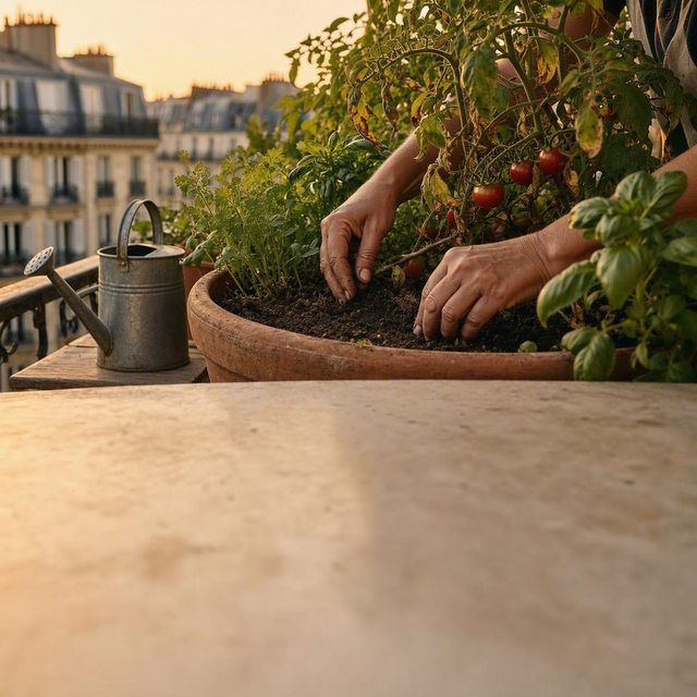 Photographie éditoriale réaliste d’un balcon urbain français en fin d’été, cadrage serré sur les mains d’une jardinière adulte qui vérifie l’humidité du terreau dans une grande jardinière de tomates et d’herbes aromatiques, feuillage légèrement fatigué mais vivant, petit arrosoir posé à côté, immeubles flous en arrière-plan, lumière chaude et sèche de fin de journée, aucune présence d’enfant, aucune pancarte ni texte lisible.