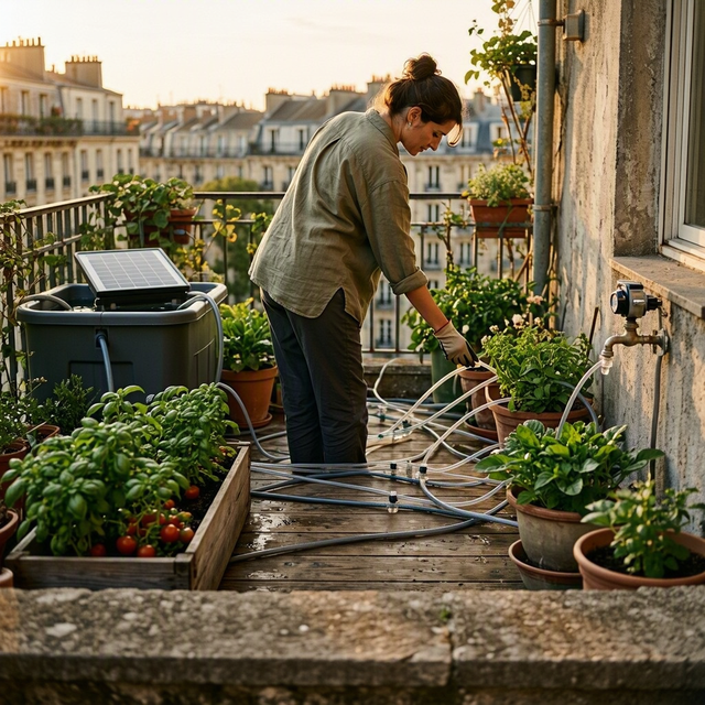 Photo éditoriale réaliste sur un balcon urbain français lumineux en fin de journée : cadrage horizontal à hauteur de taille, une jardinière et plusieurs pots au premier plan avec un réseau de fins tuyaux d’arrosage ; à gauche, un seau-réserve avec un petit panneau solaire et un tuyau plongeant ; à droite, un robinet extérieur avec programmateur visible. Une femme adulte de dos, en tenue de jardinage simple, vérifie un goutteur avec sa main. Immeubles flous en arrière-plan, lumière chaude naturelle, aucun enfant, aucune marque ni texte lisible.