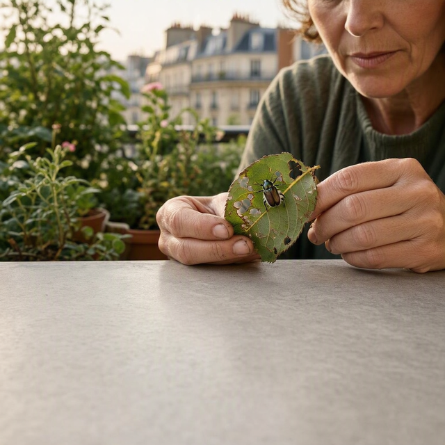 Photo éditoriale réaliste, gros plan horizontal sur les mains d’une jardinière adulte sur un balcon urbain français en été : elle tient délicatement une feuille de rosier très grignotée, dont les nervures sont visibles, et observe un petit coléoptère aux élytres bruns, corps vert métallique et petites touffes blanches sur les côtés de l’abdomen. Jardinières, feuillage et immeubles flous en arrière-plan, lumière naturelle douce du matin, rendu documentaire net, sans texte ni logo.