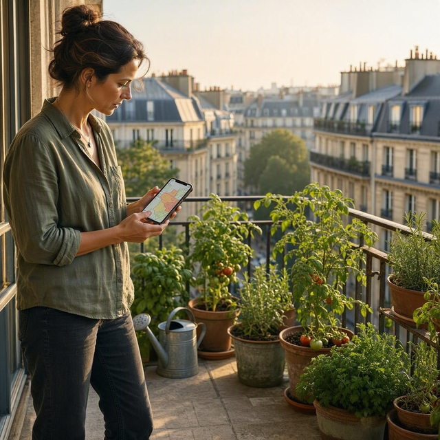 Photographie éditoriale réaliste sur un balcon urbain français en début de matinée : une femme adulte cadrée de trois quarts consulte une carte de restrictions d’eau sur son smartphone, près de plusieurs pots de tomates et d’herbes aromatiques. Un petit arrosoir est posé au sol mais elle ne l’utilise pas encore. Cadrage mi-large montrant les pots, la rambarde et quelques immeubles flous en arrière-plan ; lumière douce du matin, ambiance attentive et responsable, sans enfant, sans texte lisible sur l’écran.