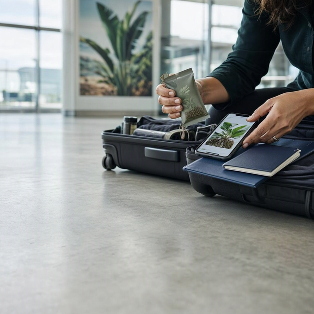 Photo éditoriale réaliste, dans un hall d’aéroport lumineux : gros plan sur les mains d’une voyageuse adulte devant une valise ouverte, tenant un petit sachet de graines non ouvert et consultant sur son téléphone une page officielle ; passeport et carnet de voyage posés à côté, plante tropicale seulement visible en affiche floue à l’arrière-plan, sans logo lisible. Cadrage horizontal serré, lumière naturelle, ambiance de vérification attentive, aucun enfant.