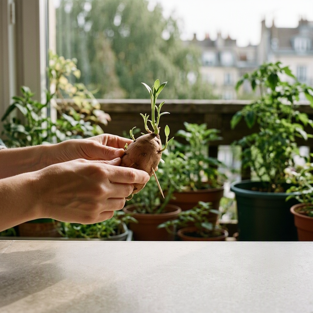 Photo réaliste en intérieur, cadrage serré à hauteur de plan de travail : les mains d’un adulte installent une patate douce tenue par trois cure-dents au-dessus d’un bocal transparent rempli d’eau ; quelques jeunes pousses vertes émergent du tubercule. Près du bocal, deux godets vides et une paire de ciseaux de jardinage. Lumière naturelle douce venant d’une fenêtre, ambiance de jardinage urbain en appartement, sans enfant, sans texte ni logo.
