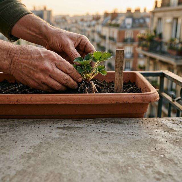 Photo éditoriale réaliste sur un balcon urbain en septembre : gros plan à hauteur de jardinière sur les mains d’un adulte qui installe un jeune fraisier dans un bac rectangulaire en terre cuite, le collet visible au niveau du terreau. Quelques feuilles vertes et une petite étiquette végétale, immeubles flous à l’arrière-plan, lumière douce de fin d’après-midi, tons naturels, aucun enfant, aucun texte ni logo.