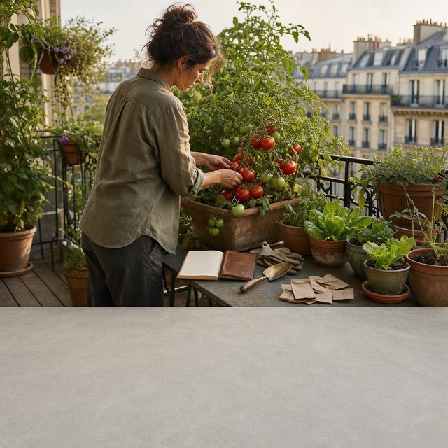 Photographie éditoriale réaliste, balcon urbain français en septembre, vue à hauteur d’adulte : une jardinière adulte de trois quarts, concentrée, consulte un petit carnet de calendrier posé sur une table de balcon tout en récoltant quelques tomates mûres dans un grand bac. À côté, plusieurs pots montrent une transition de saison : tomates encore vertes, jeunes feuilles de salade et sachets de graines sobres sans texte lisible. Immeubles légèrement flous en arrière-plan, lumière douce de fin d’été, cadrage horizontal, ambiance pratique et calme, aucun enfant, aucun logo, aucun texte incrusté.