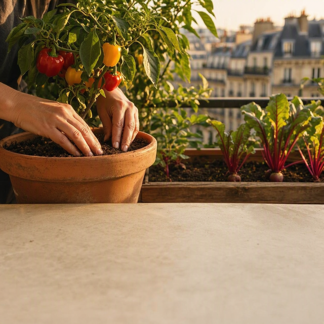 Photographie réaliste sur un balcon urbain français en fin d’été : gros plan horizontal sur les mains d’une jardinière adulte qui teste la surface du terreau dans un pot en terre cuite, avec un plant de poivron portant quelques fruits et une jardinière de betteraves en arrière-plan. Feuilles légèrement agitées par le vent, soleil chaud de fin d’après-midi, lumière naturelle, immeubles flous au loin, aucun enfant, aucun texte ni logo.