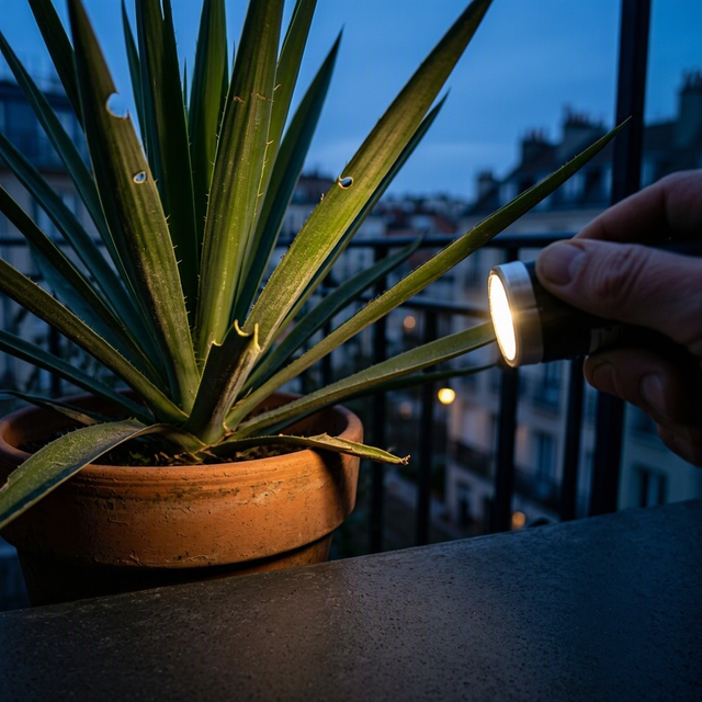 Photo éditoriale réaliste sur un balcon urbain au crépuscule : gros plan sur les longues feuilles rigides d’un yucca adulte en pot, dont plusieurs bords portent de petites encoches nettes en demi-lunes ; une main d’adulte tenant une lampe torche éclaire le feuillage et le rebord du pot. Cadrage serré à hauteur de plante, arrière-plan de balcon flou, lumière bleue du soir et faisceau chaud de la lampe, sans enfant, sans texte ni produit de traitement visible.