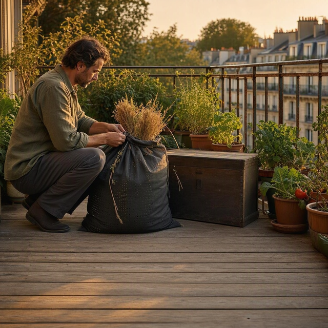 Photo éditoriale réaliste d’un balcon urbain étroit : un adulte vu de trois quarts, accroupi près de plusieurs pots de légumes, ferme soigneusement un sac de rangement perforé contenant de l’herbe sèche visible par quelques brins. À côté, un petit coffre extérieur fermé et sobre, sans marque. Cadrage horizontal à hauteur des pots, lumière douce de fin d’après-midi, ambiance ordonnée, aucun enfant.