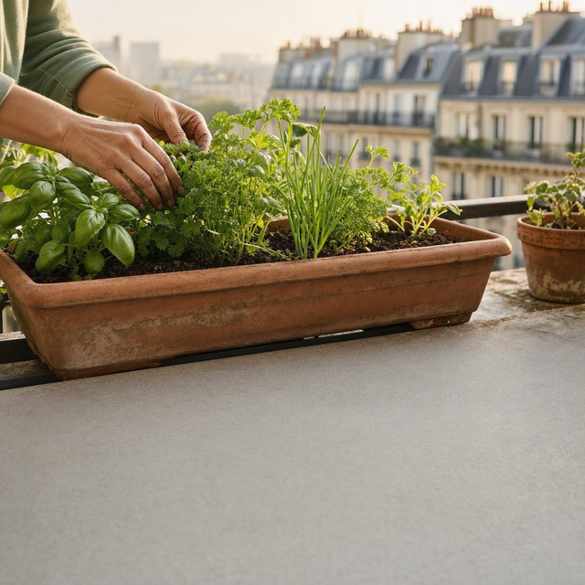 Photographie éditoriale réaliste sur un balcon urbain lumineux : gros plan horizontal sur les mains d’une jardinière adulte vérifiant le feuillage de basilic et de persil dans une longue jardinière à réserve d’eau posée sur une rambarde sécurisée ; quelques brins de ciboulette à côté, immeubles flous en arrière-plan, lumière douce du matin, terreau et feuillage nets, aucune personne mineure visible.