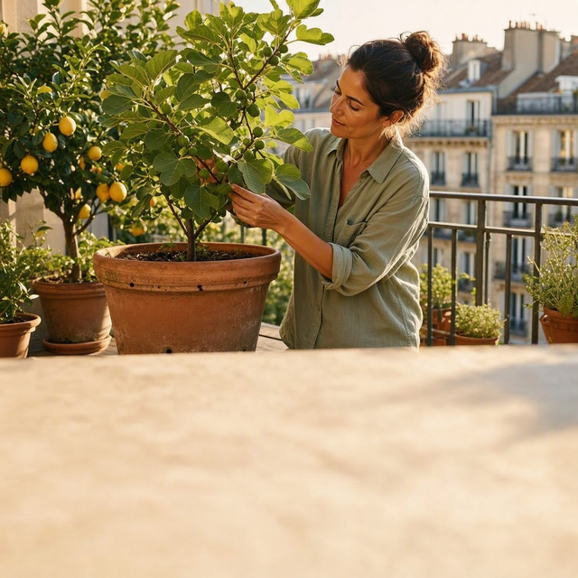 Photographie éditoriale réaliste sur un balcon urbain français ensoleillé : une femme adulte vue de trois quarts examine les fleurs et les jeunes fruits d’un petit figuier en grand pot de terre cuite percé, avec un citronnier en pot à l’arrière-plan. Cadrage vertical mi-large montrant les contenants stables, le garde-corps et la lumière chaude du matin ; feuillage net, immeubles légèrement flous en arrière-plan, aucun enfant.