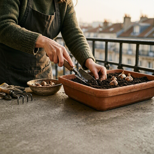 Photo éditoriale réaliste sur un balcon urbain : gros plan à hauteur d’une jardinière en terre cuite, les mains et le buste d’une adulte en pull de jardinage utilisent un petit transplantoir à manche court dans un terreau sombre et meuble ; plusieurs bulbes sont posés à côté dans une coupelle, une petite griffe à fleurs est visible sur le rebord. Arrière-plan de garde-corps et immeubles légèrement flous, lumière douce de début d’automne, cadrage horizontal, aucun enfant.