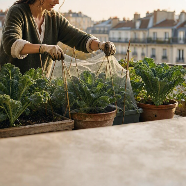 Photo réaliste verticale sur un balcon urbain en automne : une jardinière profonde et deux grands pots percés contenant des choux verts sains, vus à hauteur des plantes. Une adulte, cadrée de trois quarts et identifiable seulement par ses mains et son buste, fixe délicatement un filet de protection fin au-dessus des choux avec des tuteurs. Immeubles flous en arrière-plan, lumière douce de matinée, feuillage net, ambiance pratique et calme. Aucun enfant.