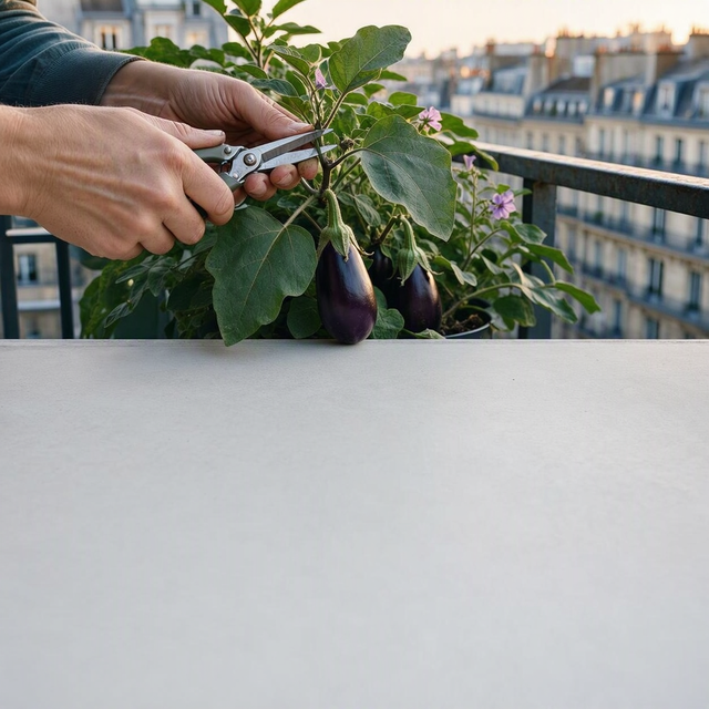 Photo éditoriale réaliste sur un balcon urbain en fin d’été : gros plan sur les mains d’un adulte tenant un petit sécateur propre et coupant une fine pousse secondaire à la base d’une feuille d’aubergine en pot. Deux aubergines violettes déjà bien formées restent visibles sur le plant, avec quelques fleurs mauves en arrière-plan. Rambarde de balcon et immeubles flous, lumière douce de fin d’après-midi légèrement fraîche, cadrage serré horizontal, aucun enfant.
