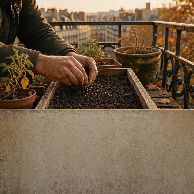 Photo éditoriale réaliste sur un balcon urbain en automne : gros plan sur les mains d’un adulte semant des graines dans une jardinière rectangulaire remplie de terreau, plusieurs pots et bacs visibles autour, immeubles flous à l’arrière-plan, lumière douce et rasante de fin d’après-midi, couleurs de saison, cadrage horizontal, sans enfant, sans texte ni logo.