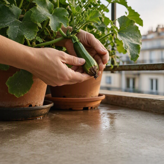 Photo éditoriale réaliste sur un balcon potager : gros plan sur les mains d’un adulte qui examine une petite courgette encore attachée au plant, avec une extrémité brunie et molle visible ; autour, feuillage de cucurbitacée, pot en terre cuite avec trous de drainage et soucoupe légèrement humide. Balcon urbain en arrière-plan flou, lumière naturelle douce du matin, cadrage serré horizontal, aucun enfant ni bébé.