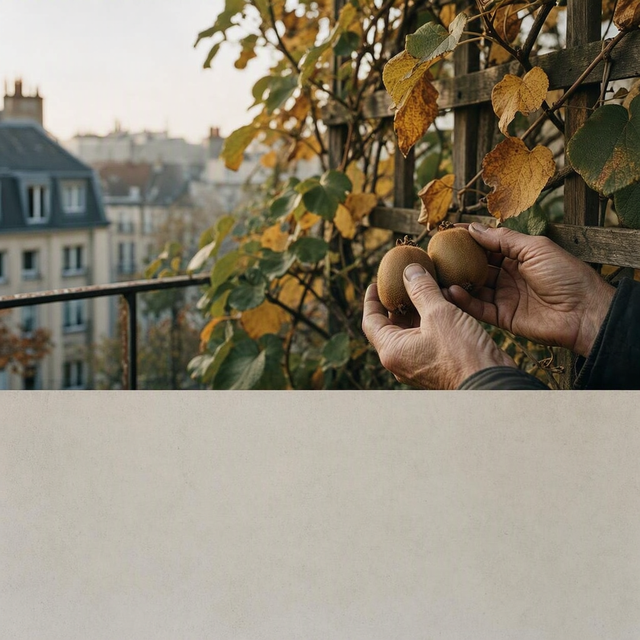Photographie éditoriale réaliste sur un petit balcon urbain à l’automne : gros plan sur les mains d’un adulte tenant délicatement deux kiwis bruns encore fermes devant une liane d’actinidia palissée sur un treillis, quelques feuilles jaunissantes, immeubles flous en arrière-plan, lumière douce et fraîche de fin d’après-midi, cadrage horizontal, aucune personne mineure visible.
