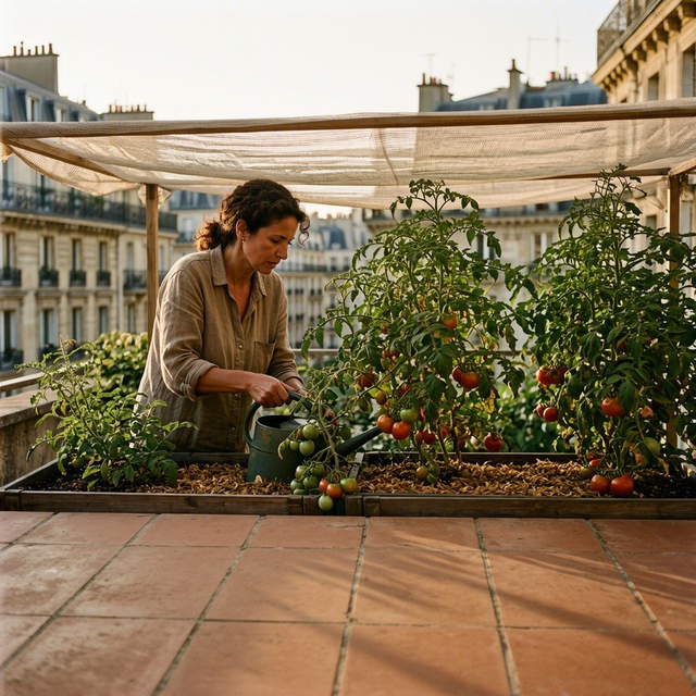 Photo éditoriale réaliste sur un balcon urbain français en pleine canicule : plan mi-large d’une jardinière de tomates en pot, protégée par une toile d’ombrage claire et respirante tendue au-dessus, bien décollée du feuillage. Une jardinière adulte, visage visible et concentré, arrose lentement au pied des plants avec un arrosoir à long bec ; paillage sec apparent sur le terreau. Immeubles flous à l’arrière-plan, lumière chaude de début de matinée, ombres douces, aucune personne mineure.
