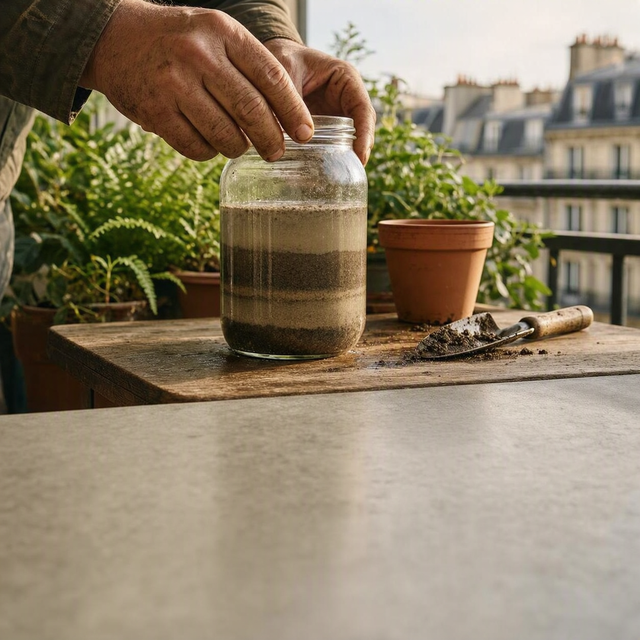 Photographie éditoriale réaliste sur un balcon urbain français : gros plan sur les mains d’un adulte tenant un bocal en verre posé sur une petite table de rempotage, avec trois couches de terre nettement séparées dans l’eau — sable au fond, limon au milieu, argile claire au-dessus. À côté, un pot vide, une petite pelle couverte de terre et quelques plantes de balcon floues. Cadrage vertical serré, lumière naturelle douce de fin de matinée, immeubles urbains flous à l’arrière-plan, aucune marque, aucun enfant.