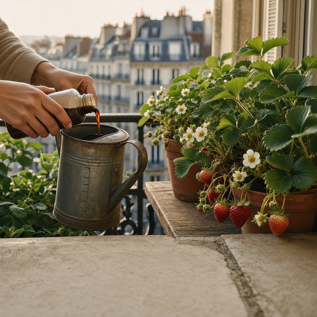 Photographie éditoriale réaliste sur un balcon urbain français en lumière douce du matin : gros plan sur les mains d’une adulte versant avec précision un engrais liquide dans un arrosoir gradué, à côté de deux pots de fraisiers adultes portant fleurs blanches et quelques fraises mûres. Cadrage horizontal serré, feuillage net au premier plan, rambarde et immeubles légèrement flous en arrière-plan, aucune personne mineure visible, aucun texte ni logo.