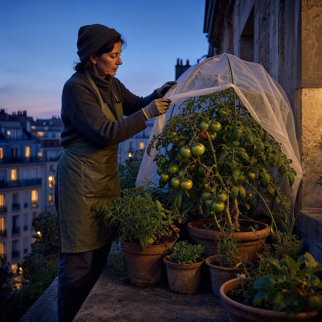 Photographie éditoriale réaliste sur un balcon urbain français au crépuscule d’automne : gros pot de tomate adulte portant plusieurs grappes de fruits verts et quelques fruits orangés, pots regroupés contre un mur en pierre tiédi par la lumière, voile d’hivernage blanc posé sur un arceau et maintenu au-dessus du feuillage sans le toucher. Une jardinière adulte, vue de trois quarts, ajuste délicatement le voile avec une expression attentive. Cadrage vertical mi-large, lumière bleue de fin de journée et légère chaleur dorée sur le mur, immeubles flous en arrière-plan, aucune personne mineure.