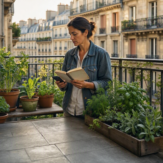 Photo éditoriale réaliste sur un balcon urbain français : une adulte débutante, vue de trois quarts, consulte un carnet et son téléphone tout en observant la lumière sur trois pots et une petite jardinière d’aromatiques. Cadrage mi-large incluant la rambarde, les façades voisines et les zones de soleil et d’ombre sur le sol ; lumière douce de fin de matinée, atmosphère concrète et méthodique, aucun enfant visible.