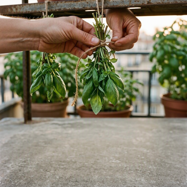 Gros plan éditorial sur les mains d’un adulte attachant avec une ficelle plusieurs tiges de basilic fraîchement coupées, suspendues tête en bas à une petite étagère métallique sur un balcon urbain. Pots de basilic et rambarde flous à l’arrière-plan, lumière douce de fin d’été, ambiance réelle et soignée, aucune personne mineure visible.