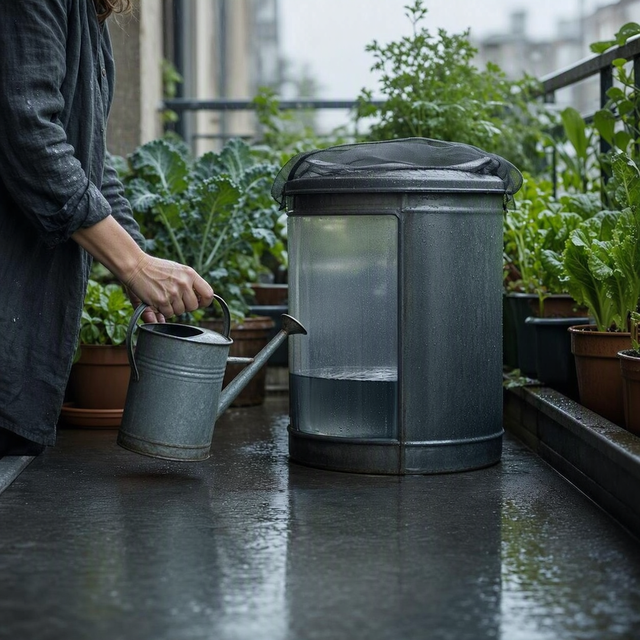Photo éditoriale réaliste sur un balcon urbain après une averse : cadrage serré sur un récupérateur d’eau compact, fermé par un couvercle et une moustiquaire fine, avec niveau d’eau bas visible dans une partie translucide. Au premier plan, la main et le buste d’un adulte tenant un arrosoir, observant la réserve avec attention. Pots de légumes en arrière-plan, sol légèrement mouillé, lumière douce et grise d’après-pluie, aucune autre personne visible.