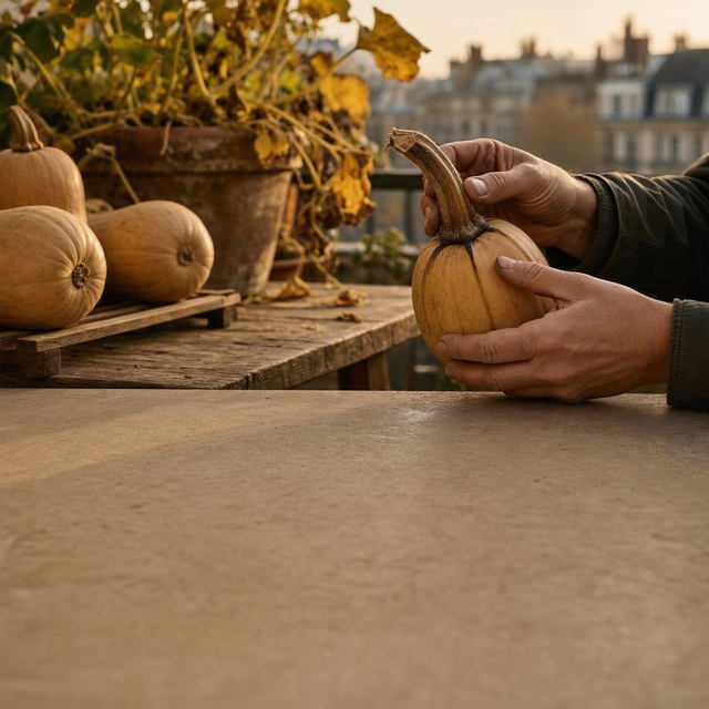 Photo éditoriale réaliste sur un balcon urbain en automne : gros plan à hauteur de table sur les mains d’un adulte examinant le pédoncule brun et ligneux d’une courge butternut mûre, avec deux autres courges posées séparément sur une étagère de séchage. Quelques feuilles de courge jaunies dans un grand bac au second plan, immeubles flous en arrière-plan. Lumière naturelle douce de fin d’après-midi, tons chauds, cadrage horizontal, aucune personne mineure.