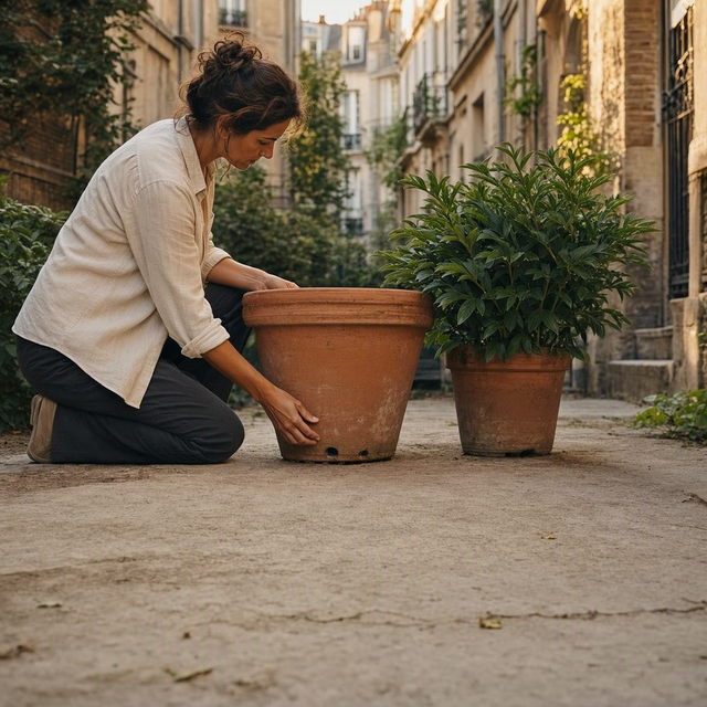 Photographie éditoriale réaliste, dans une petite cour urbaine française à la fin de l’été : une jardinière adulte examine avec attention un grand bac en terre cuite vide, vu de trois quarts, une pivoine en pot déjà installée à côté. Elle se penche pour vérifier les trous de drainage au bas du bac et regarde la zone de lumière sur le mur de la cour. Sol légèrement sec, traces d’un été chaud, feuillage de pivoine sain mais sans fleurs. Cadrage horizontal à hauteur d’adulte, lumière douce de fin d’après-midi, immeubles urbains flous en arrière-plan, aucun enfant, aucun texte visible.