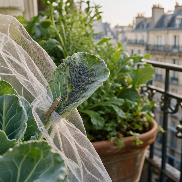 Photographie éditoriale réaliste en gros plan sur un balcon urbain français : deux mains gantées écartent doucement les plis d’une feuille de chou en pot pour révéler une petite colonie de pucerons cendrés gris bleuté sur le revers, texture cireuse nettement visible, un voile anti-insectes relevé sur le côté mais non posé sur la colonie, jardinière et garde-corps flous en arrière-plan, lumière douce du matin, sans texte ni pictogramme.